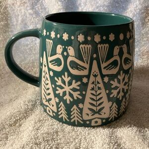 Green Ceramic Mug with White Folk Bird & Snowflake Pattern by Joy Brand